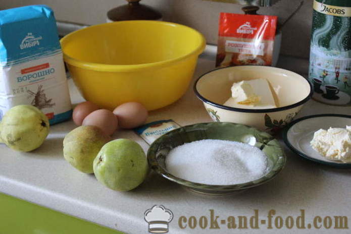 Pera masa de tarta - cómo hacer un pastel con las peras, las natillas y soufflé en el horno, con un paso a paso las fotos de la receta