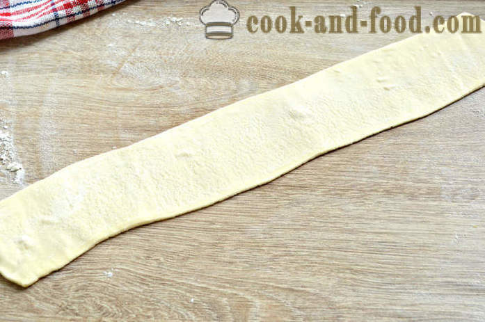 Pastel de caracol de la masa de hojaldre terminado - como hornear un pastel de capas, el caracol con queso y salchichas, un paso a paso de la receta fotos