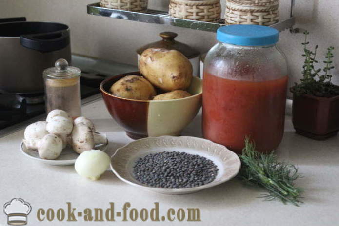 Sopa de lentejas con setas y jugo de tomate - ¿Cómo hacer sopa de lentejas con tomate, fotos paso a paso de la receta