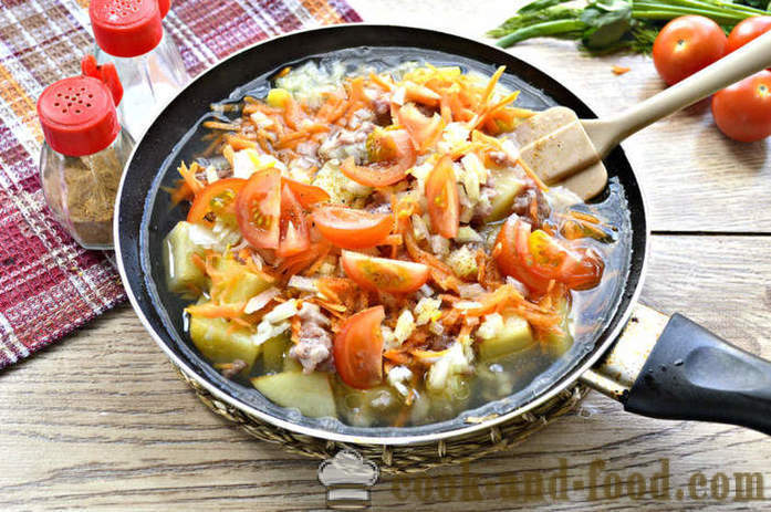 Patatas guisadas con carne y verduras - a cocinar deliciosas patatas en una sartén, un paso a paso de la receta fotos