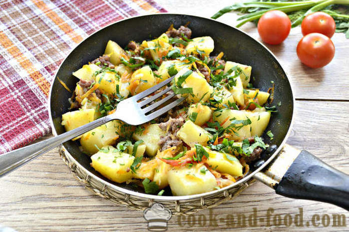 Patatas guisadas con carne y verduras - a cocinar deliciosas patatas en una sartén, un paso a paso de la receta fotos