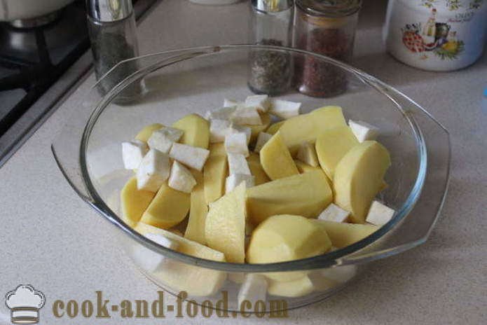 Patatas y el apio en el horno - como un hornear vegetal sabrosa en el horno, con un paso a paso de la receta fotos