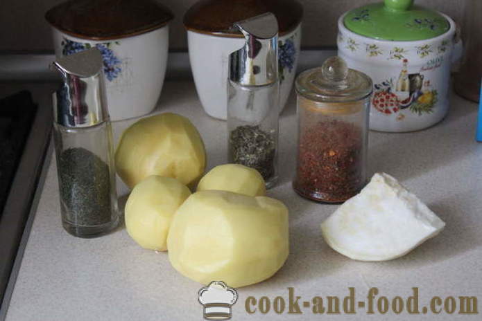 Patatas y el apio en el horno - como un hornear vegetal sabrosa en el horno, con un paso a paso de la receta fotos