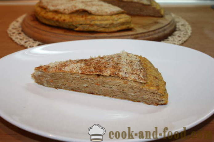 Tarta de queso de pita delgada con pechuga de pollo - cómo hacer un pastel de lavash con el relleno en el horno, con un paso a paso las fotos de la receta