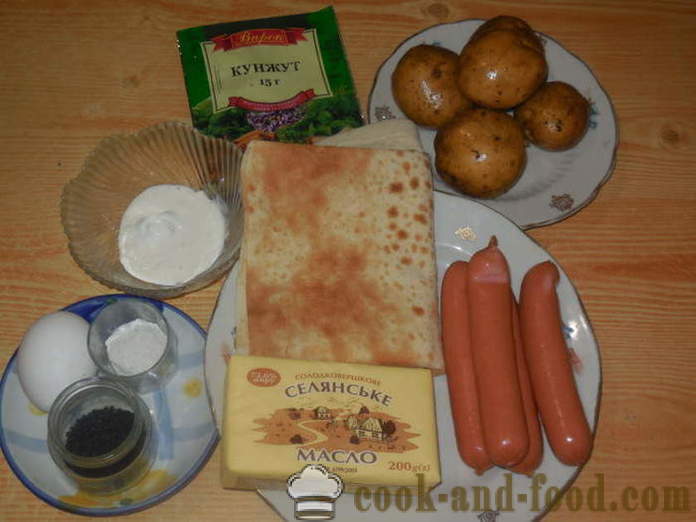 Panecillos deliciosos de pan de pita con patatas y salchichas - Cómo preparar rollos de pita relleno, fotos paso a paso de la receta