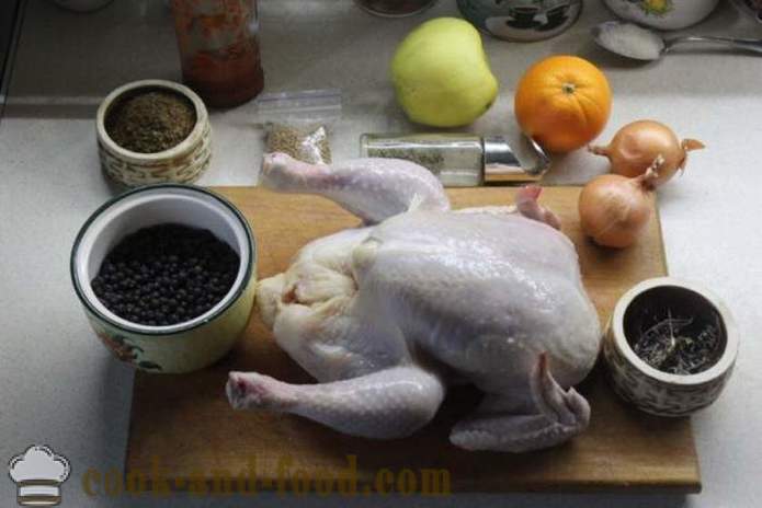 Pollo en el conjunto del horno, con manzanas y naranjas - tan delicioso pollo al horno en el horno entero, un paso a paso de la receta fotos