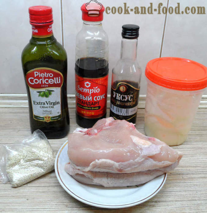 Delicioso pollo con sésamo y salsa de soja - deliciosa de cocinar el pollo en el horno, con un paso a paso las fotos de la receta