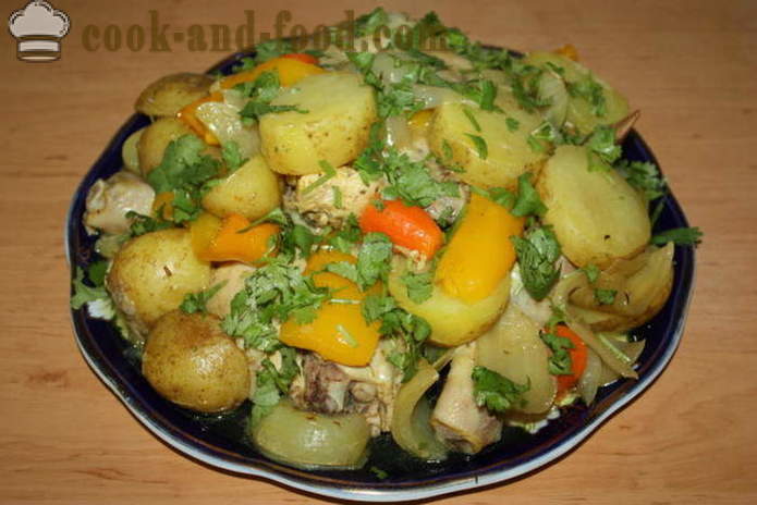 Patatas cocidas al horno con pollo en la manga - la forma de cocinar las patatas en el horno con pollo, un paso a paso de la receta fotos