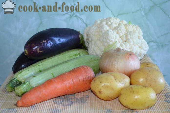 Menestra de verduras con patatas y calabacines - cómo cocinar guiso de verduras con patatas, calabacín, berenjena y coliflor, un paso a paso de la receta fotos
