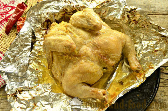 Todo el pollo al horno con papel en el horno - cómo cocinar un pollo en el horno en papel de aluminio, con un paso a paso las fotos de la receta
