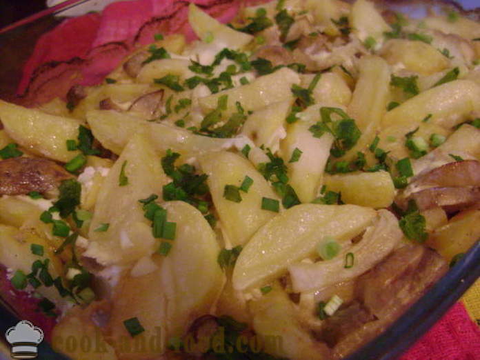 Patatas al horno con setas y crema agria - lo delicioso patatas cocidas al horno en el horno, con un paso a paso de la receta fotos