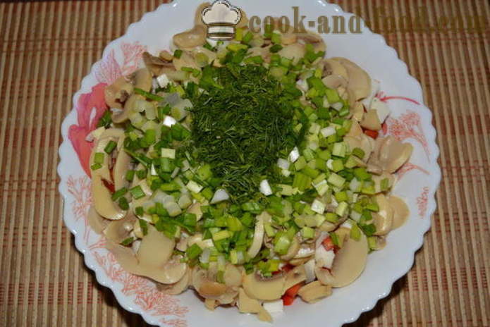 Ensalada con calamares, champiñones, pepinos y pimienta - cómo preparar una ensalada con calamares y setas, un paso a paso de la receta fotos