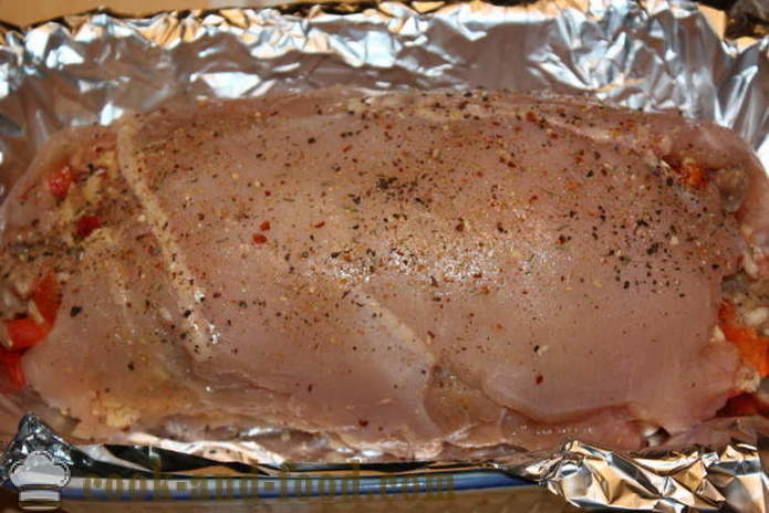 Pastel de carne de pechuga de pollo relleno de setas y carne picada en el horno - cómo cocinar un pastel de carne en casa, paso a paso las fotos de la receta