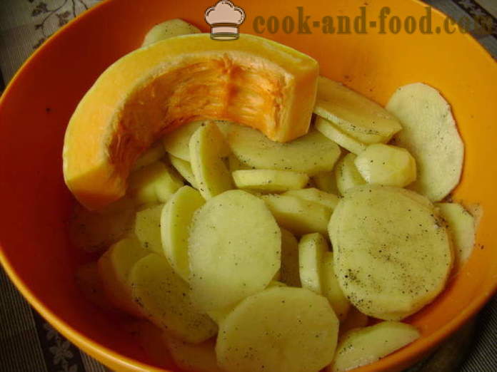 Patatas cocidas al horno con crema de calabaza y - cómo cocinar las patatas con calabaza en el horno, con un paso a paso las fotos de la receta