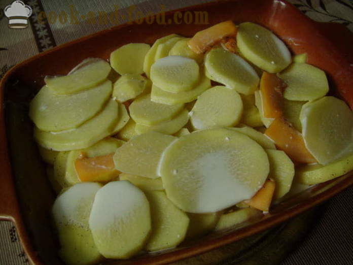 Patatas cocidas al horno con crema de calabaza y - cómo cocinar las patatas con calabaza en el horno, con un paso a paso las fotos de la receta