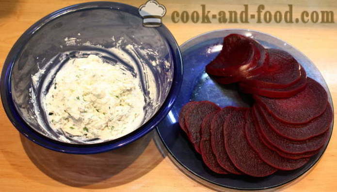 Ensalada de capas de remolacha con queso de cabra y ajo - Cómo hacer una ensalada de remolacha capas, un paso a paso de la receta fotos