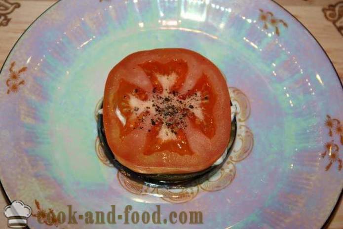 Aperitivo frío de la berenjena con tomate y mozzarella - cómo cocinar aperitivo de berenjena en una mesa festiva, un paso a paso de la receta fotos