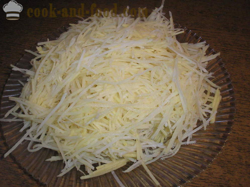 Ensalada con palitos de patata y salchichas - ¿Cómo hacer ensalada de patatas, un paso a paso de la receta fotos