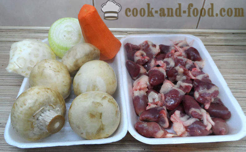 Corazones de pollo con setas en multivarka - cómo cocinar corazones de pollo con setas, un paso a paso de la receta fotos