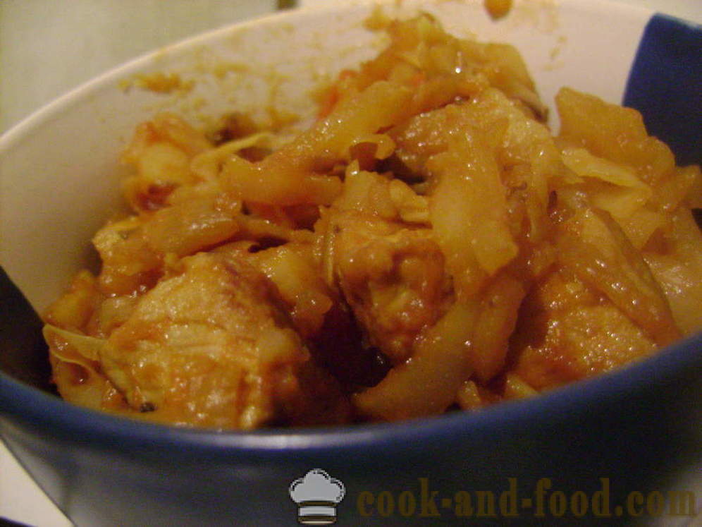 La col cocida con patatas, pollo y champiñones - tanto sabrosa para cocinar la col guisada, paso a paso las fotos de la receta