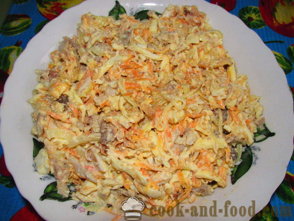 Ensalada con panqueques y huevos de pollo - Cómo preparar una ensalada con tortitas, huevos, paso a paso las fotos de la receta