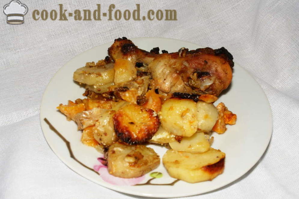 Pollo en salsa de mostaza en el horno - cómo cocinar un pollo al horno con patatas y calabaza, con un paso a paso las fotos de la receta