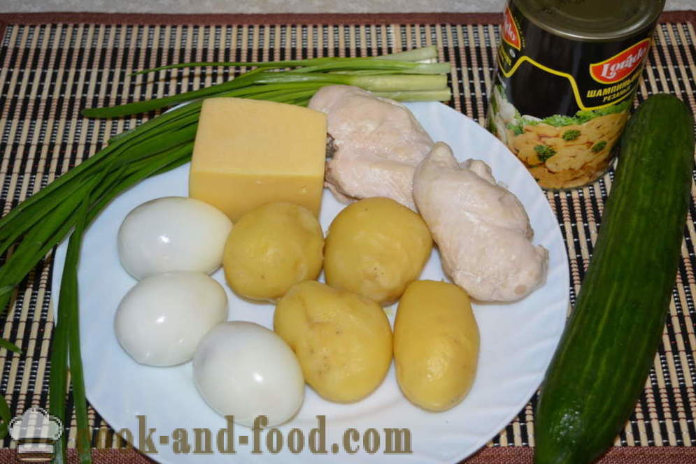 Ensalada con capas de pollo y setas - cómo cocinar ensalada de pollo con champiñones en capas, un paso a paso de la receta fotos