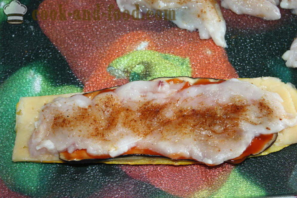 Rollos de berenjena y calabacín con el pollo y el queso - cómo hacer rollos de berenjena en el horno, con un paso a paso las fotos de la receta
