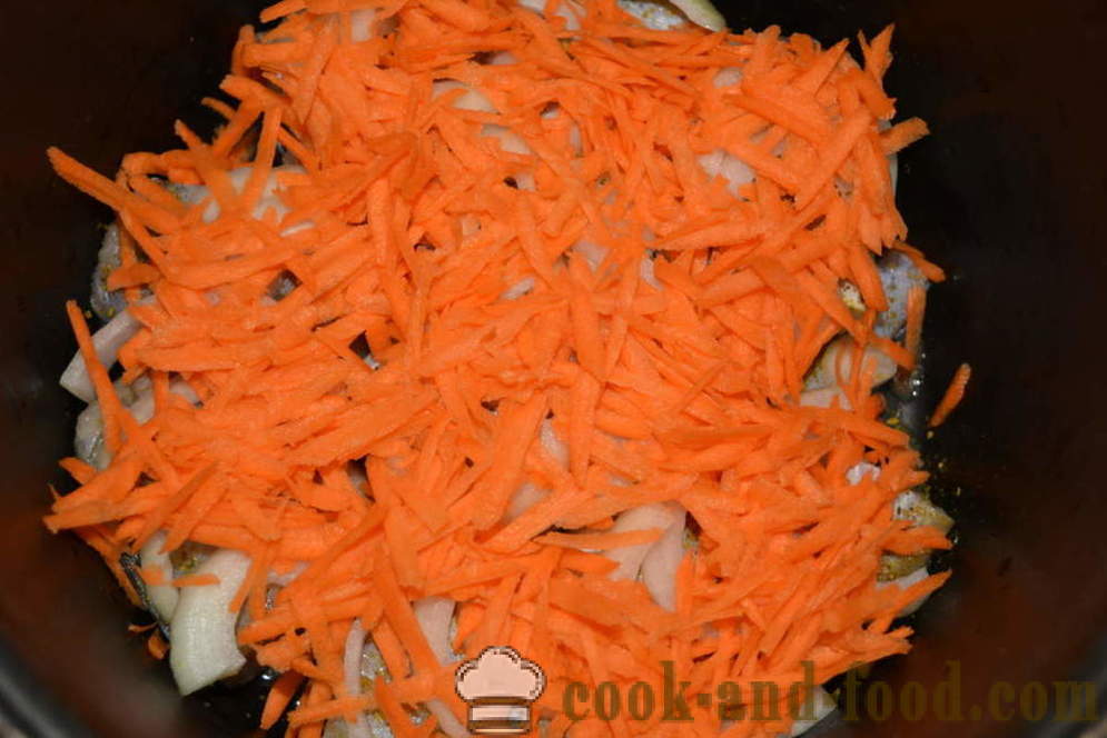 Pollock, guisado con cebollas, zanahorias y tomates en la mayonesa - paso a paso cómo cocinar guiso de abadejo con verduras en multivarka, la receta con una foto