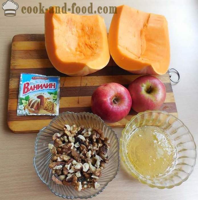 La miel postre de calabaza al horno, manzanas y nueces - Cómo cocinar un postre de la receta de calabaza con una foto