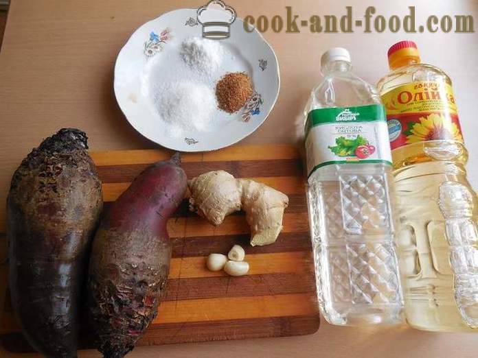 Remolachas en Corea en el hogar - ensalada simple y deliciosa con la remolacha, el ajo y el jengibre, un paso a paso la receta con las fotos.