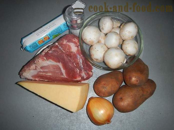 Patatas en francés en el horno - una foto-receta a cocinar las patatas en francés con carne de cerdo y setas